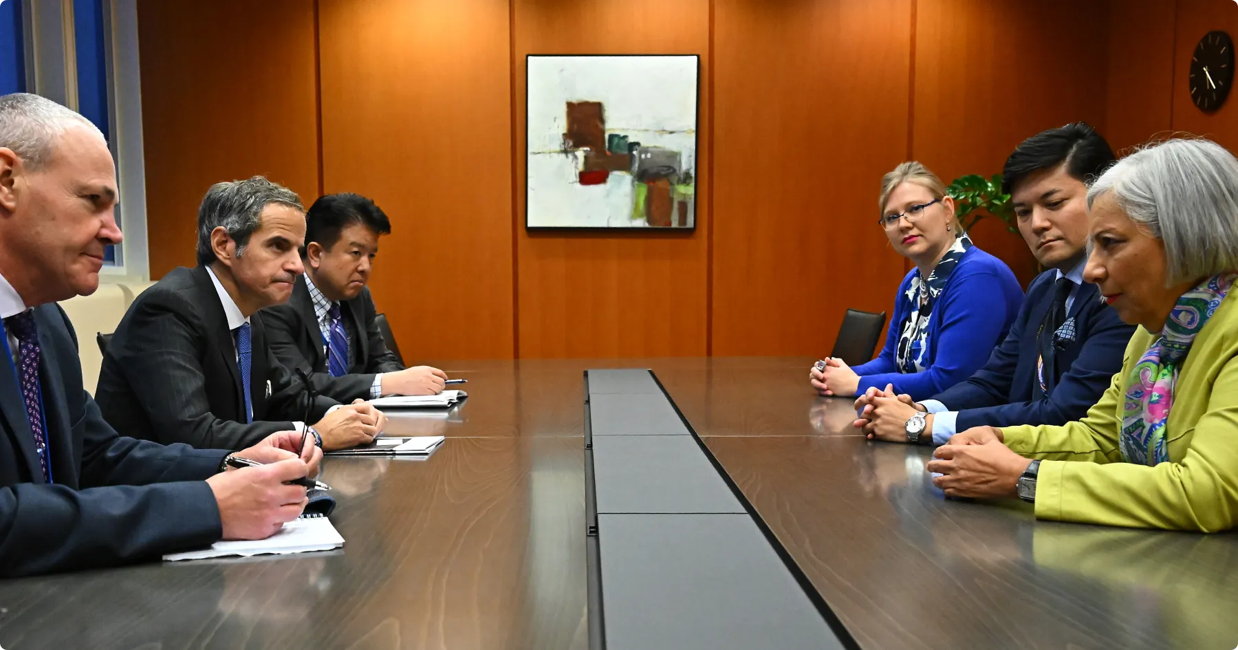 Rafael Mariano Grossi, IAEA Director-General, met with Mitsuo Shimofuji, CEO/Co-Founder ZettaJoule Inc. and Rumina Velshi, Co-Founder ZettaJoule Inc., during their official visit to the Agency headquarters in Vienna, Austria. 25 October 2024.