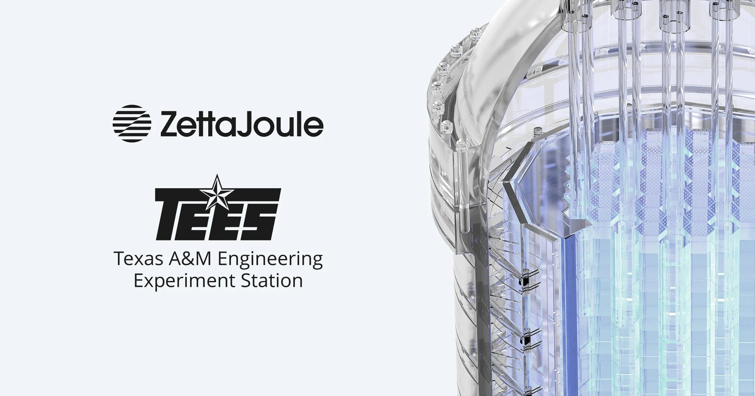 Logos of ZettaJoule and Texas A&M's TEES, next to a small modular reactor (SMR)