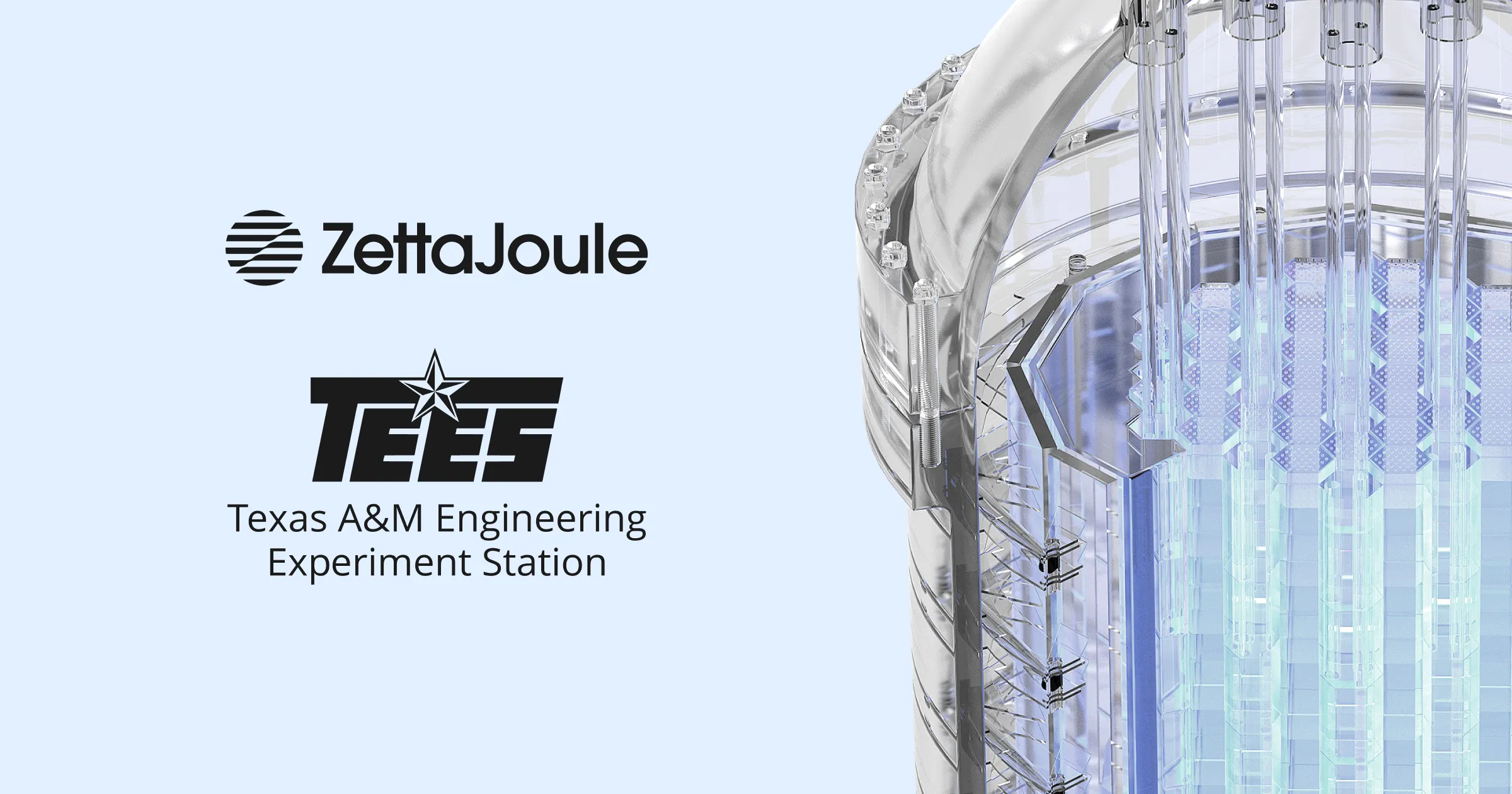 Logos of ZettaJoule and Texas A&M's TEES, next to a small modular reactor (SMR)