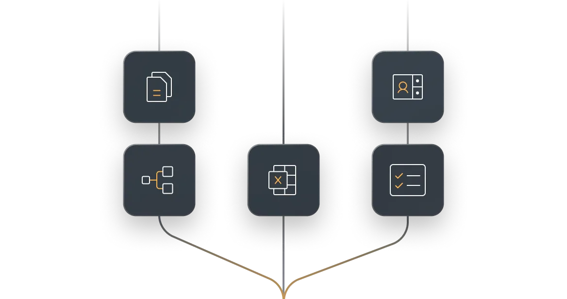 Diagram with six dark square icons connected by lines: two document icons stacked, a flowchart icon, a grid with a cross, a user profile card, and a checklist with check marks.