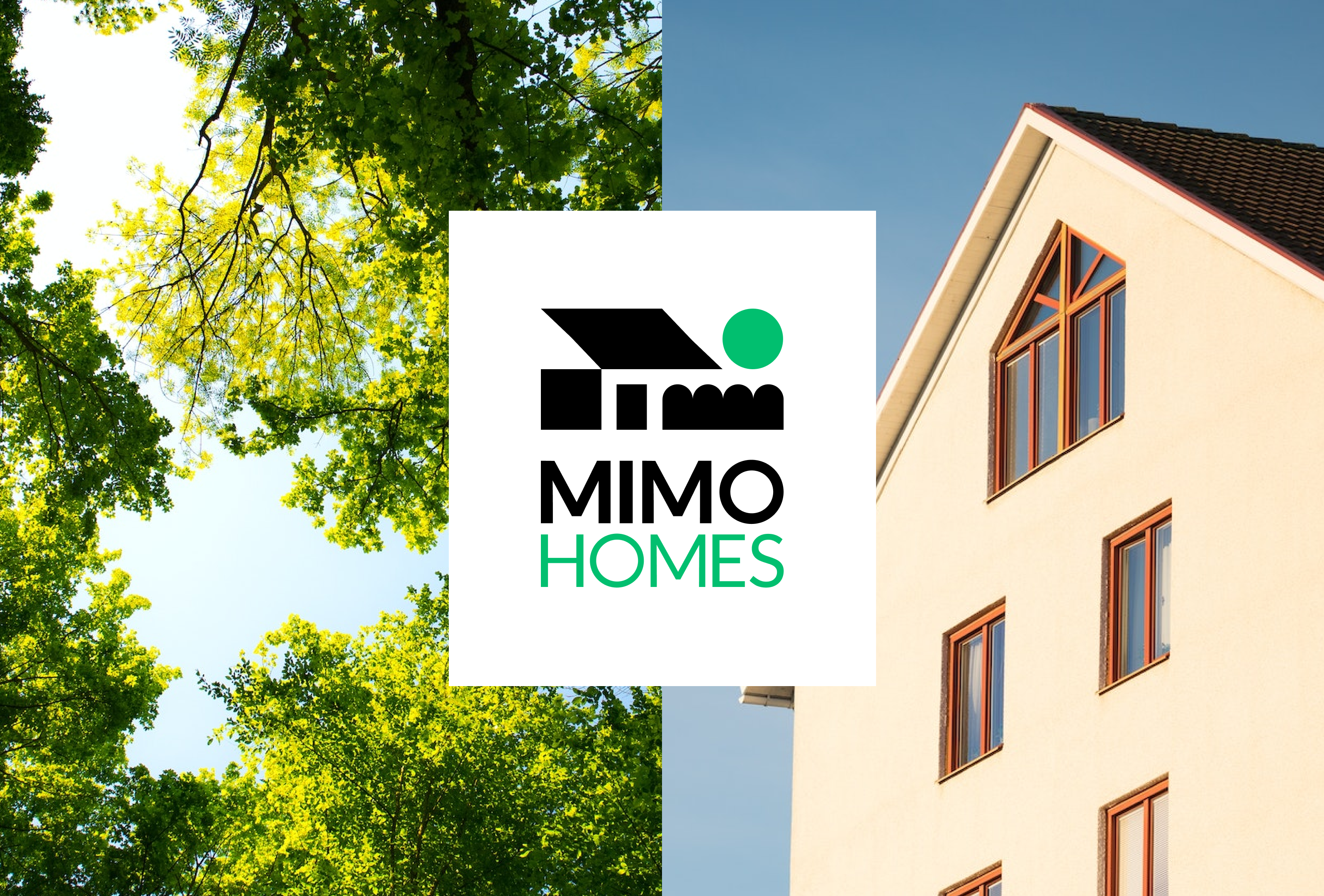 Split image showing green tree canopy against blue sky on the left and a beige house with multiple windows on the right, with a Mimo Homes logo in the center.