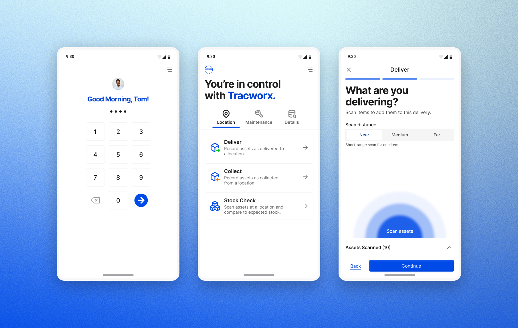 Three mobile app screens showing a login keypad greeting Tom, a dashboard with delivery, collect, and stock check options, and a delivery scanning interface with near, medium, and far scan distance options.