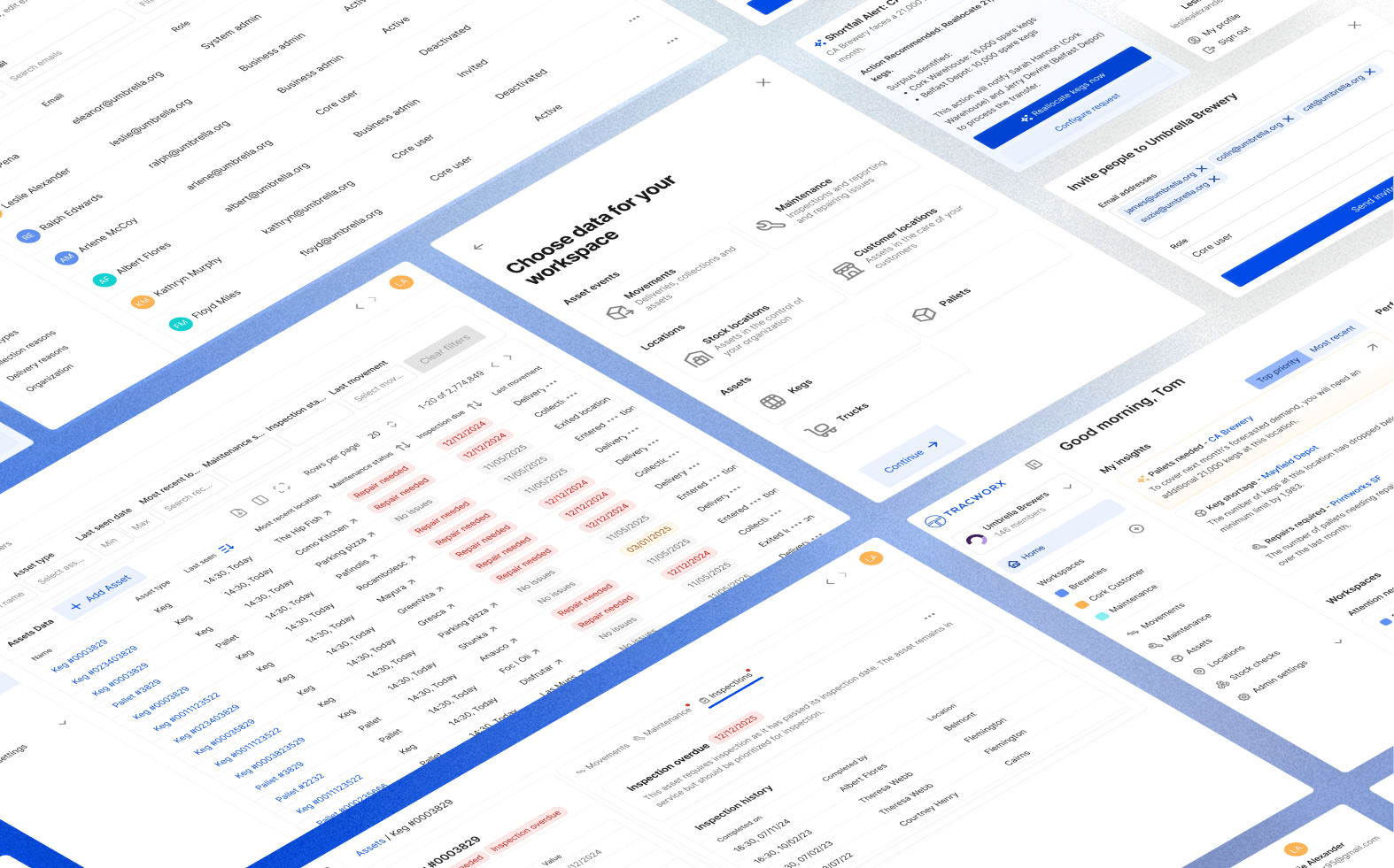 Dashboard interface displaying workspace data selection, asset management tables with repair status, user roles, notifications, and inspection details in a clean UI.