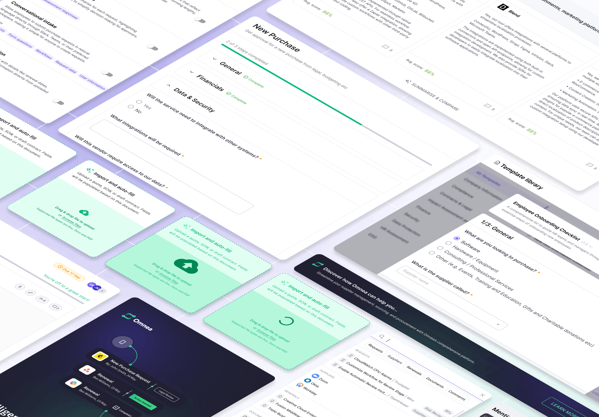 Screenshot of a digital procurement and onboarding platform showing forms for new purchase steps, data integration questions, and a template library.