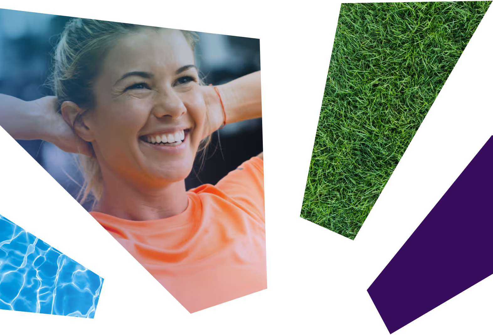 Smiling woman in an orange shirt with hands behind her head, alongside abstract shapes