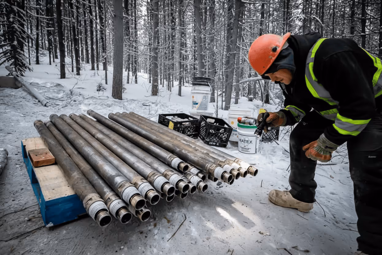 Worker in safety gear examining metal pipes on a snowy forest site.