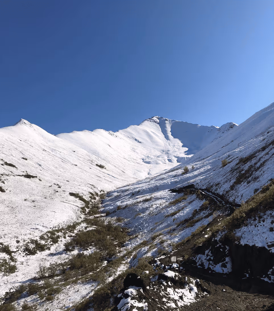 Snow-covered mountain slope with a narrow winding trail under a clear blue sky.