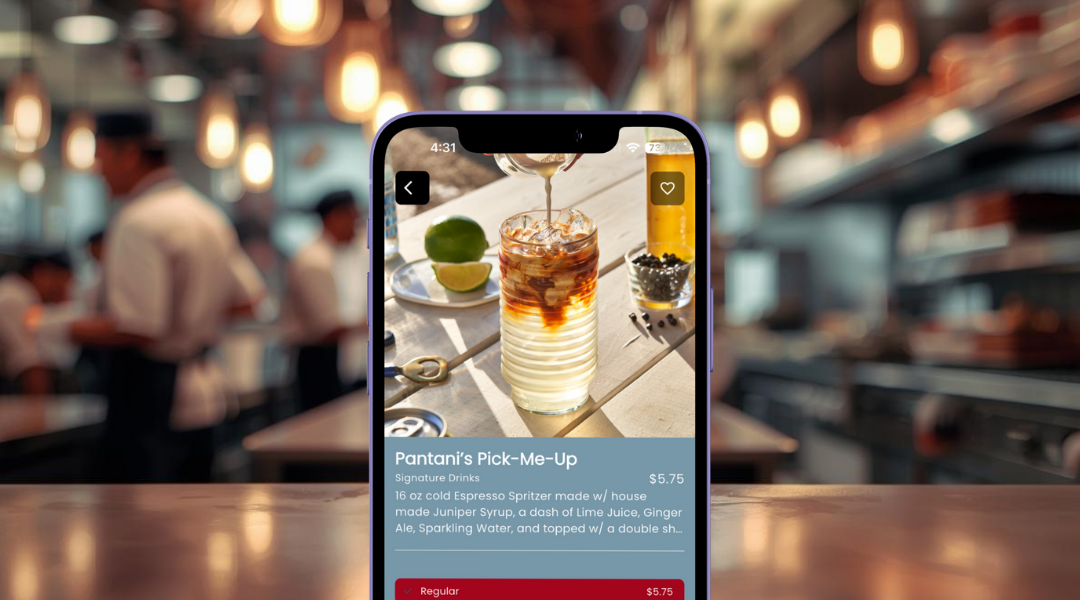 Smartphone displaying a detailed menu item for Pantani’s Pick-Me-Up espresso spritzer with a photo of the drink on a wooden table in a bustling cafe kitchen.