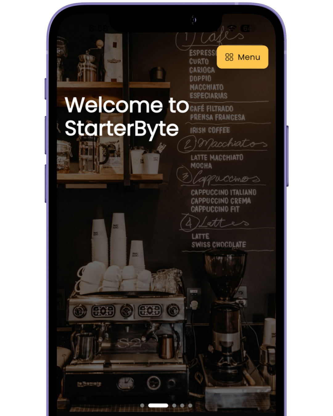 Smartphone screen showing a coffee shop menu with various coffee names and a welcome message to StarterByte next to a coffee machine and cups.