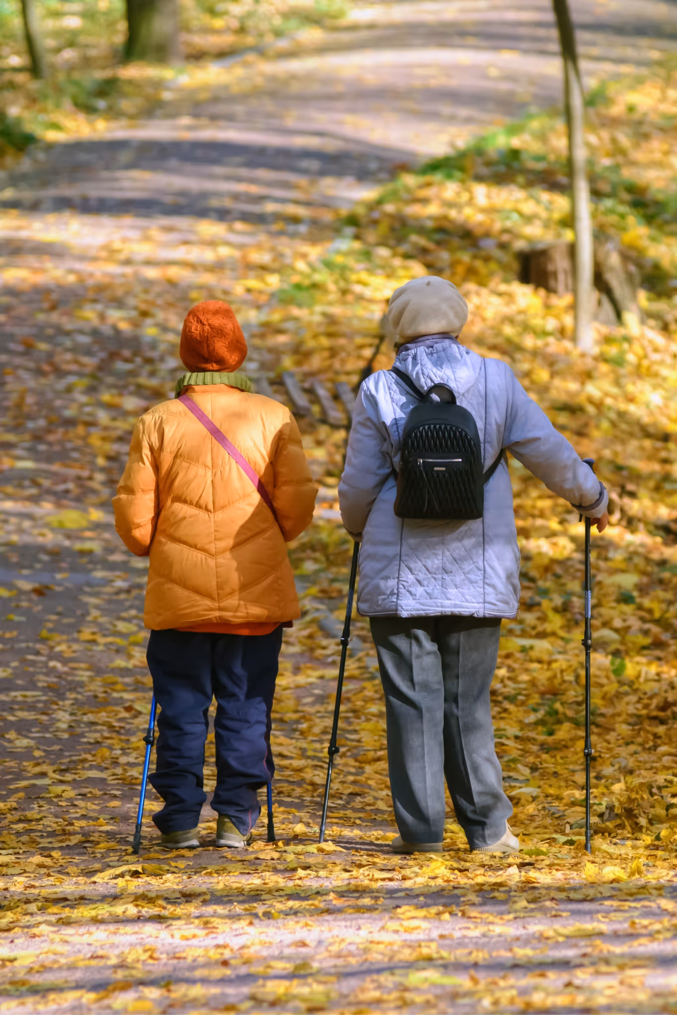 Kaksi iäkästä henkilöä kävelee kävelykeppien kanssa lehtien peittämällä polulla syksyisessä metsässä.