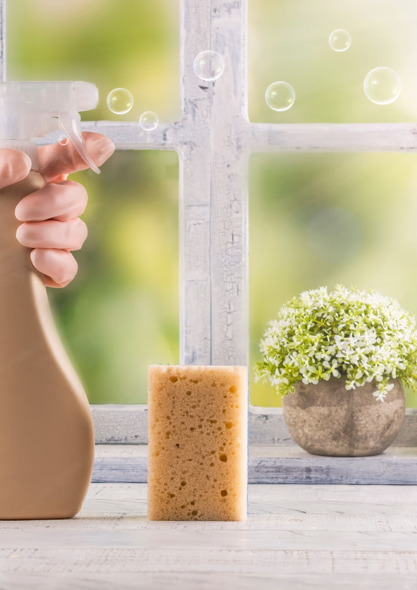 Käsi, jossa on kumihanskat, pitämässä suihkepulloa ikkunalaudalla, vieressä sieni ja kukkaruukku valkoisin kukin.