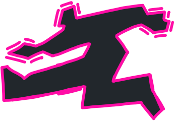 Black silhouette of a person outlined in bright pink, shaped like a chalk outline from crime scenes.
