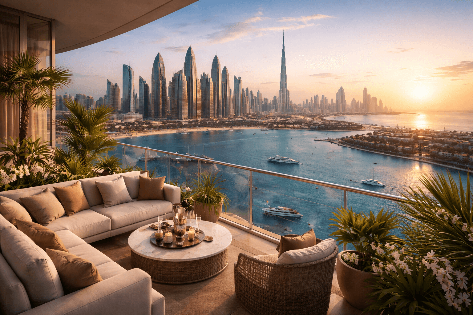 Modern balcony with cushioned seating, plants, and a round table overlooking a waterfront city skyline with yachts and a sunset.