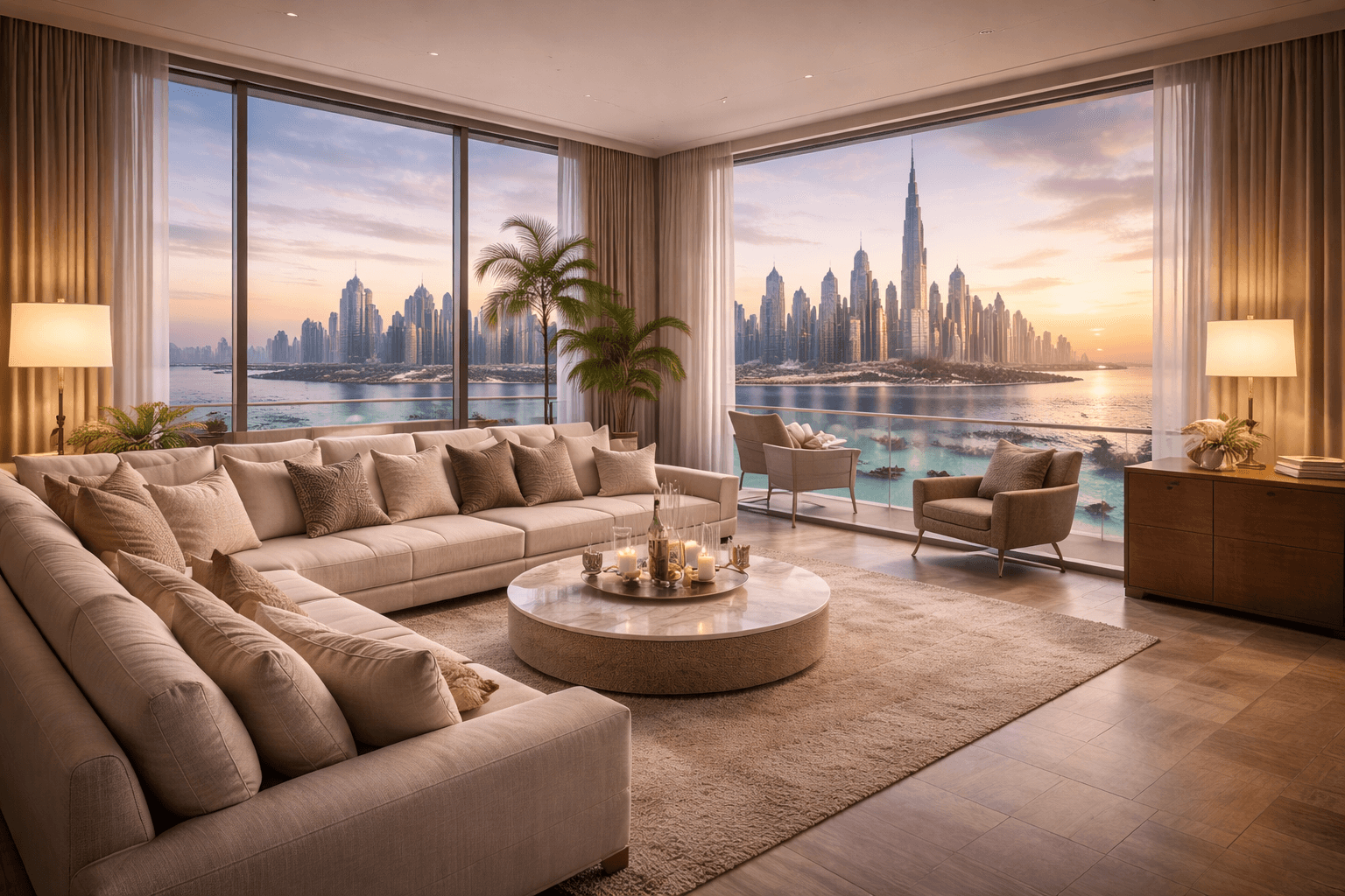 Luxurious living room with large beige sectional sofa, coffee table with candles, and floor-to-ceiling windows showing a waterfront cityscape at sunset.