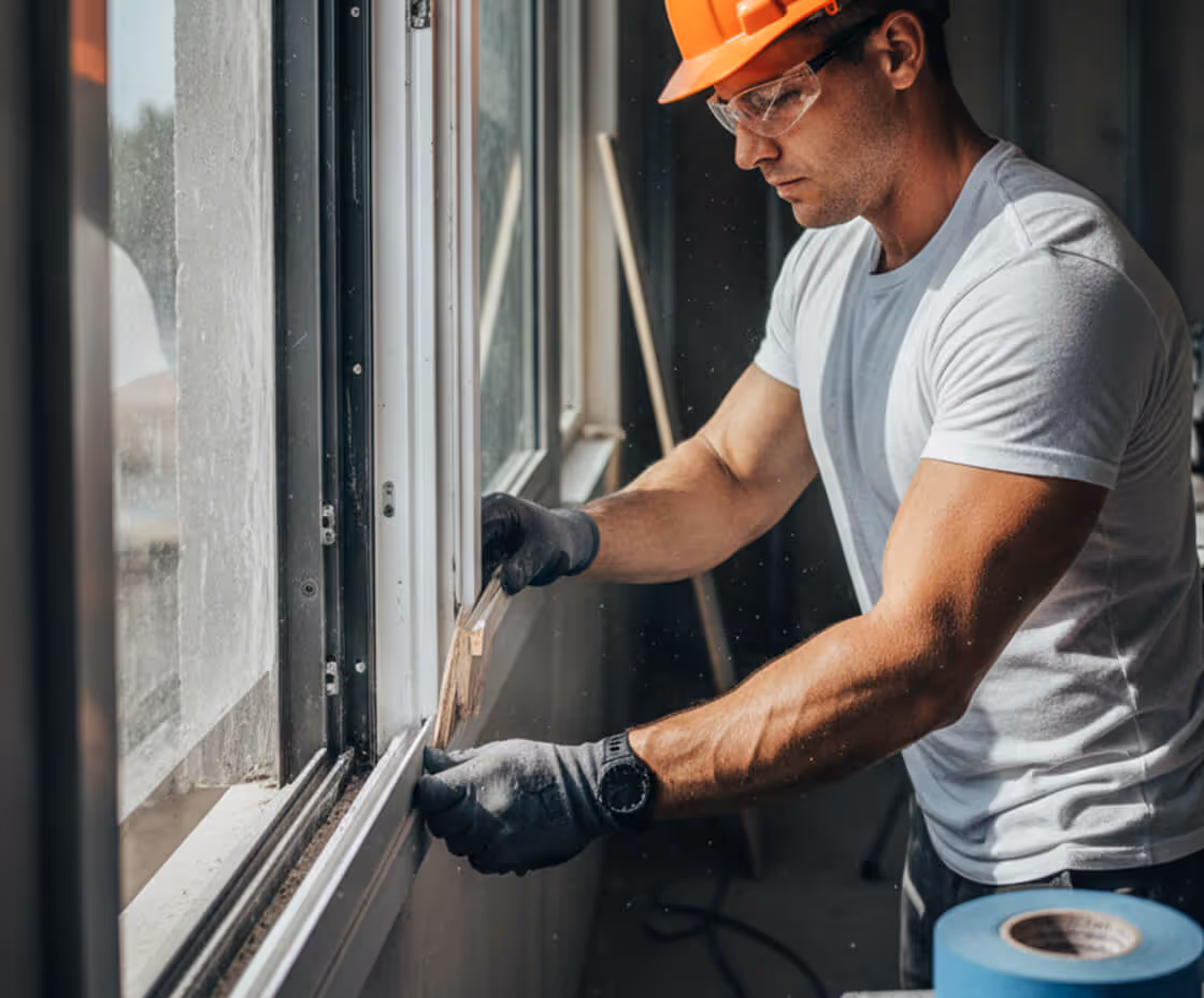 A construction worker wearing protective gear uses a power saw to cut a large concrete block outdoors, with dust in the air against a clear blue sky.