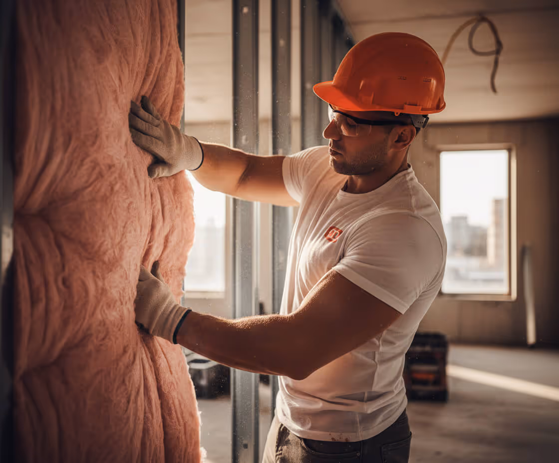 Construction worker wearing an orange hard hat and gloves installing pink insulation in a building under construction.