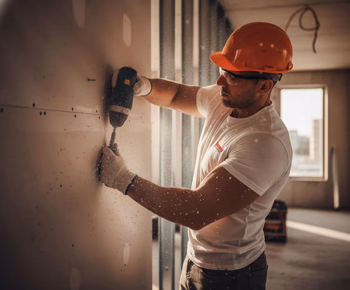 Construction worker wearing an orange hard hat and white gloves using a power drill on drywall indoors.