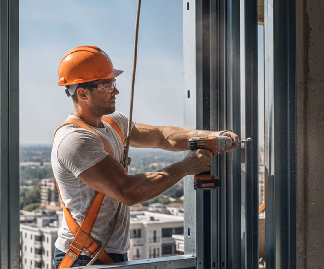 Construction worker in an orange hard hat and safety harness using a power drill on a metal frame at a building site.