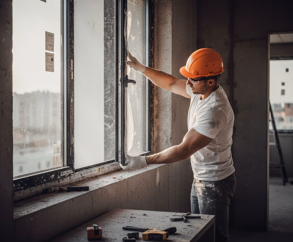 Construction worker wearing orange helmet and white gloves installing or inspecting a window in an unfinished building.