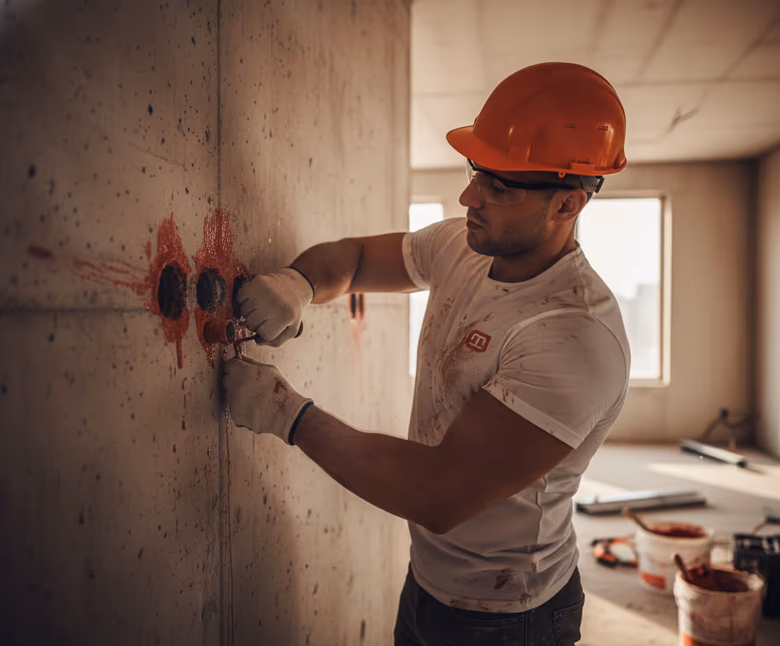 Construction worker wearing an orange hard hat and gloves installing fire-stopping material around wall openings in a building under construction.