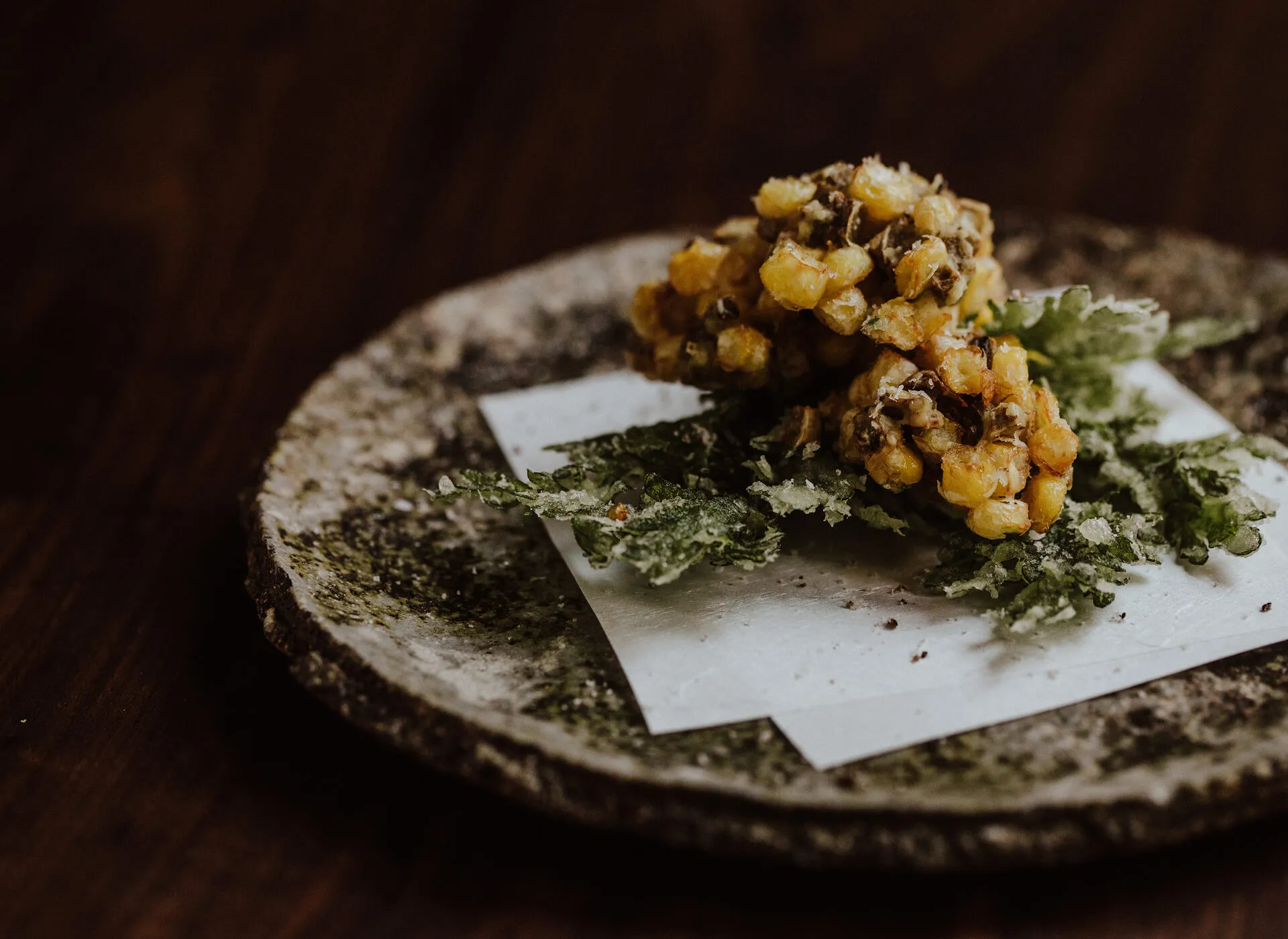 A close up shot of our Sweetcorn Tempura with Truffle.