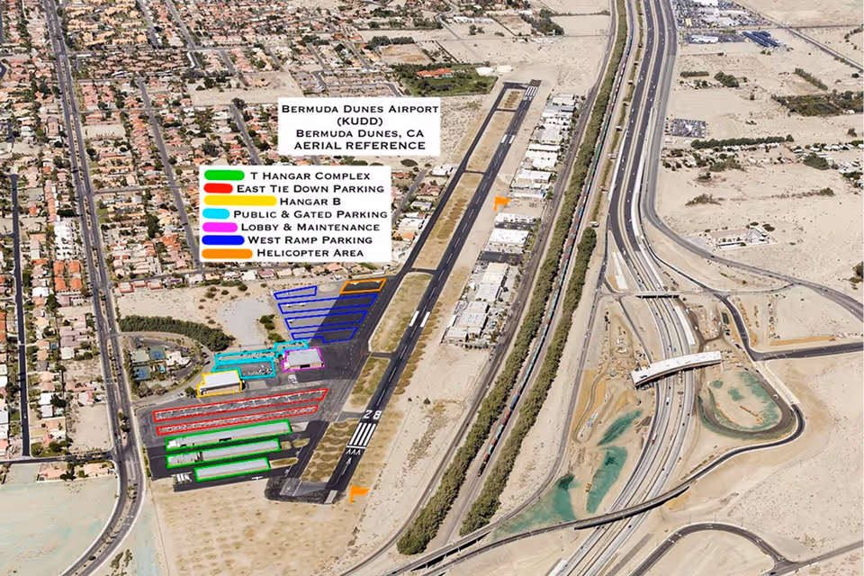 Dunes Air aerial reference map for parking, hangar, & lobby location reference