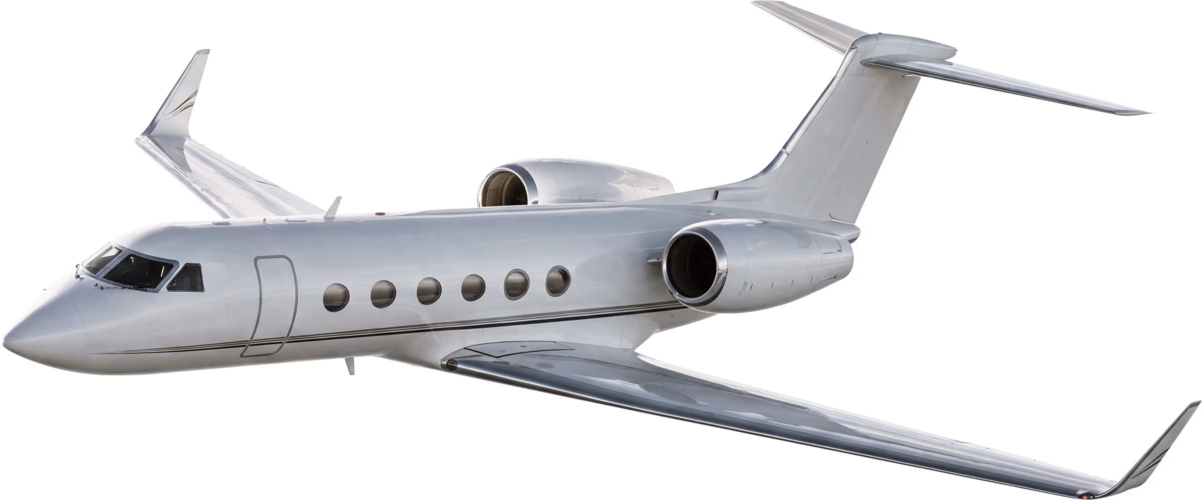 Silver private jet airplane with six windows and twin engines on rear fuselage.