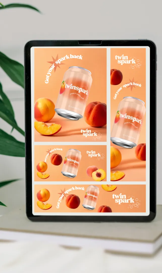 Tablet displaying peach-flavored beverage ads with fruit visuals