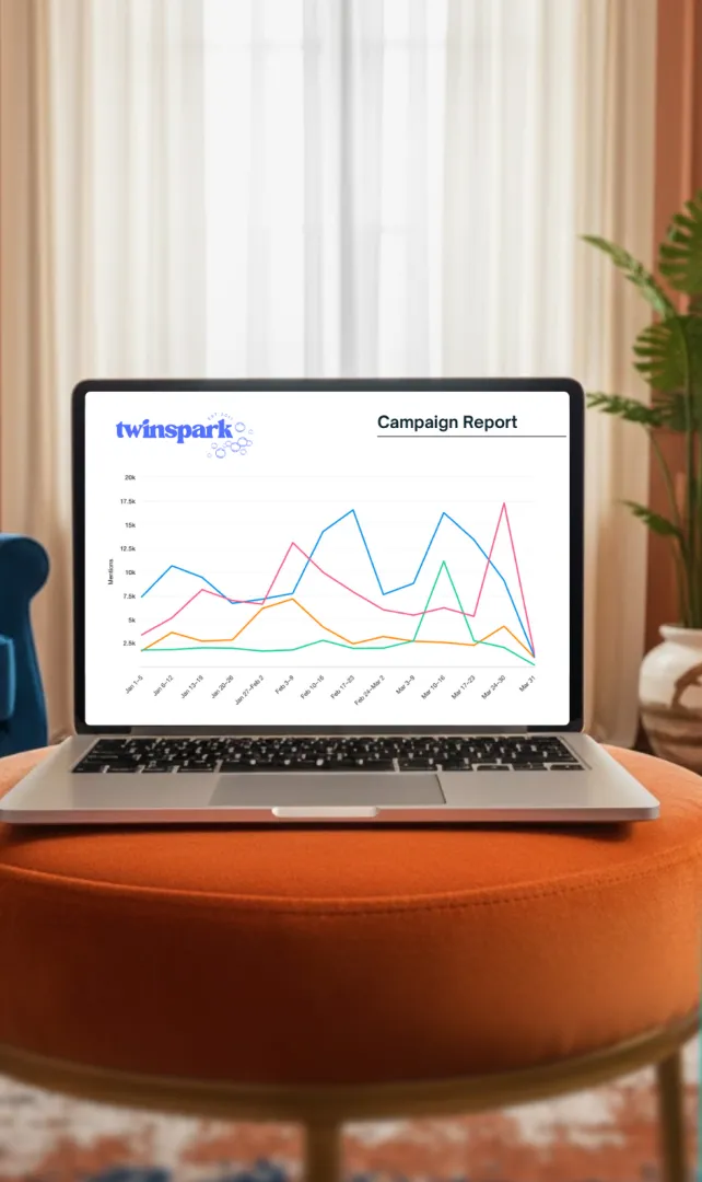Laptop displaying a marketing campaign performance chart on a desk