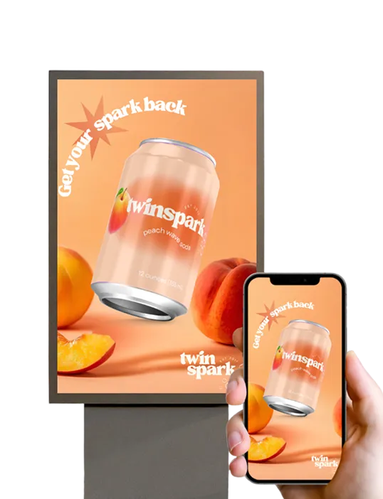 Digital billboard and smartphone showing a peach soda advertisement