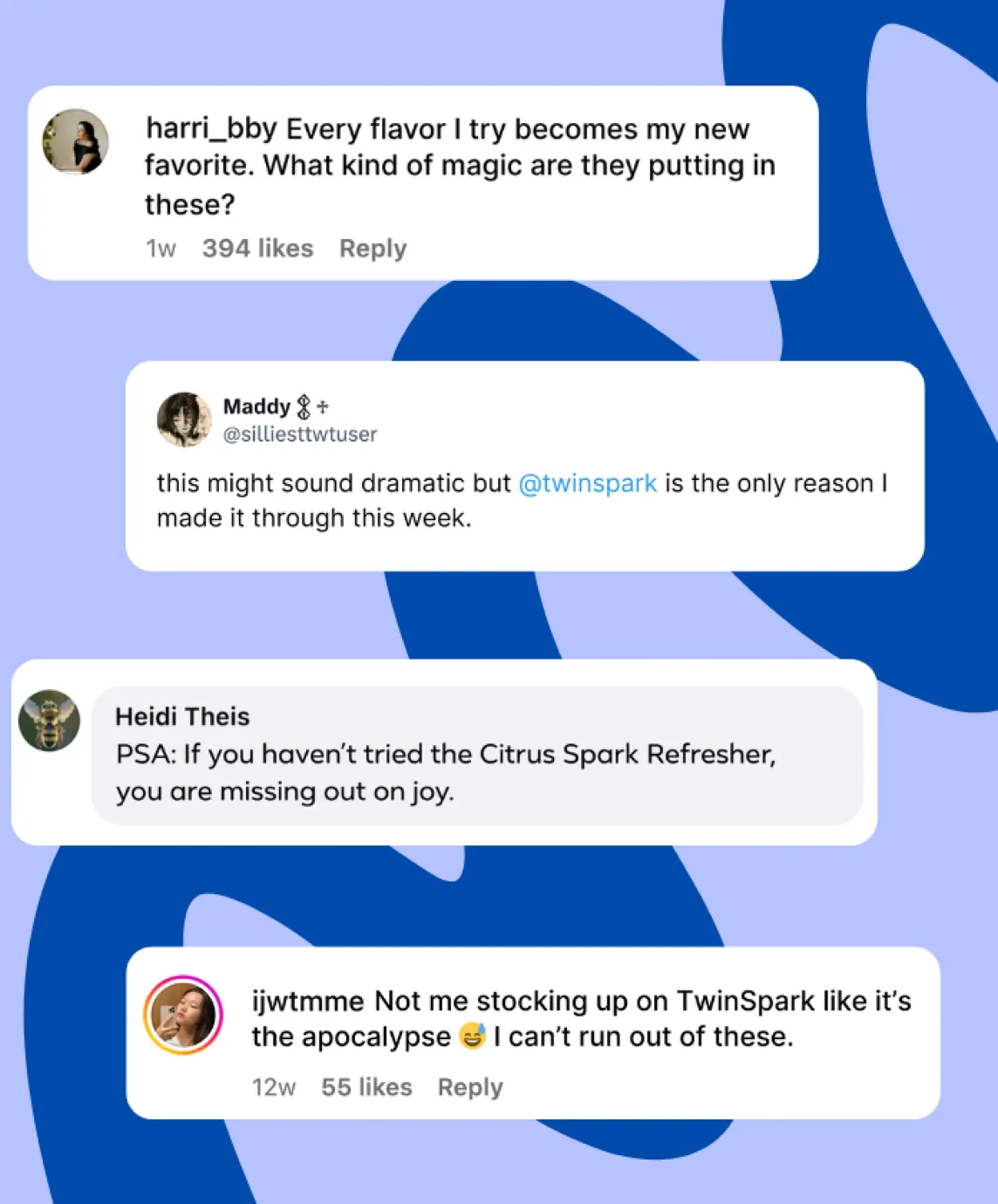 Social media comments praising a sparkling beverage brand
