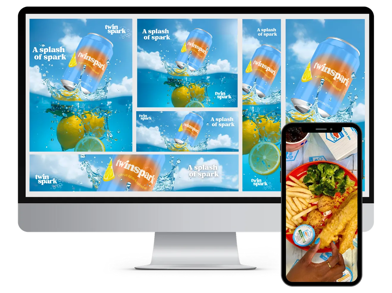 Desktop screen showing multiple citrus soda ads splashing in water with lemons