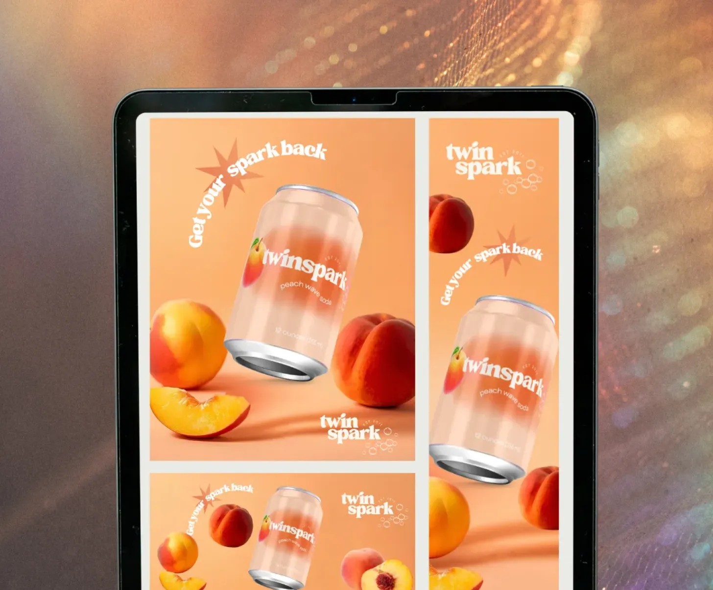 Tablet displaying peach soda advertisements with floating fruit