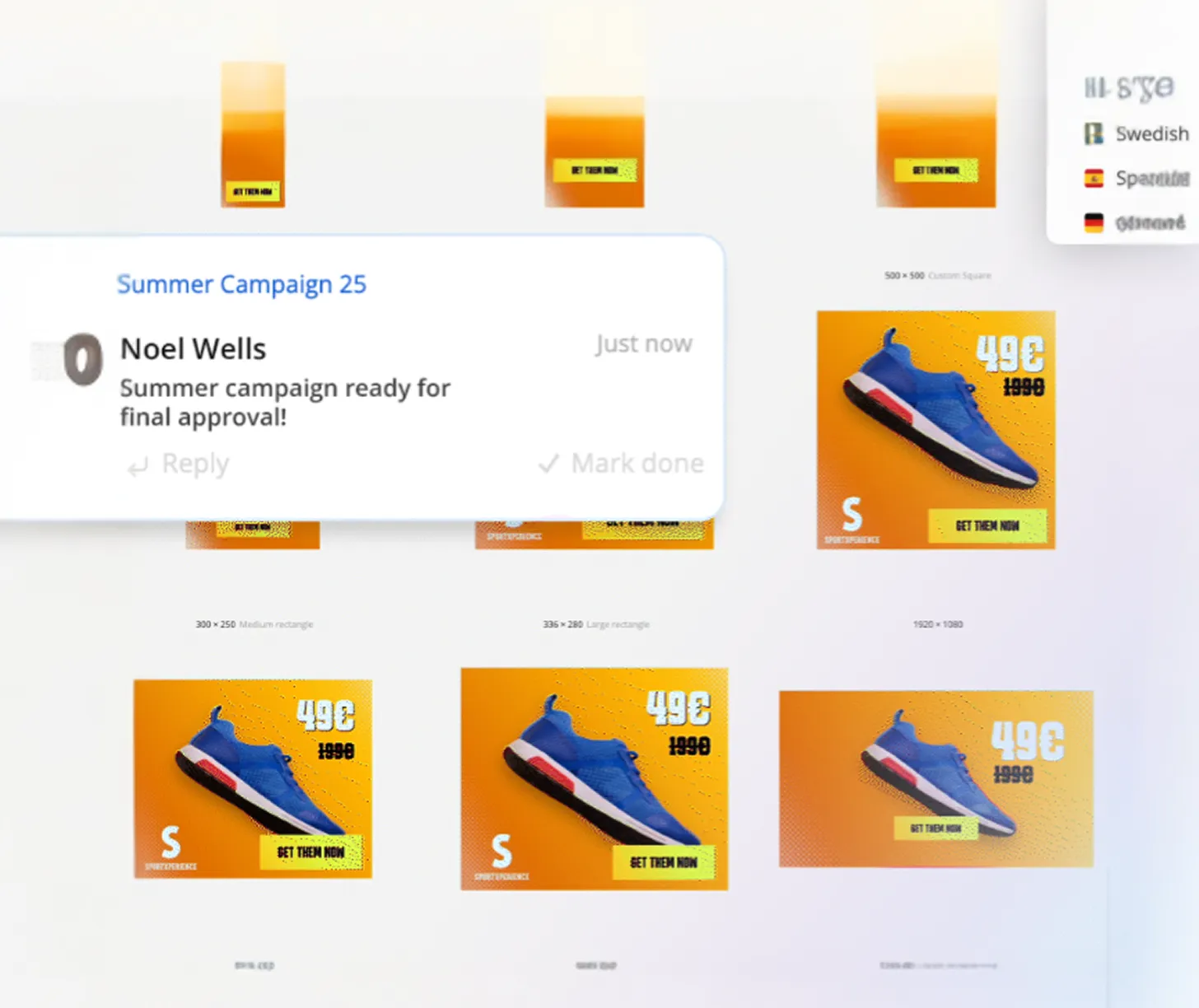 Design workspace showing multiple shoe ad sizes and a campaign approval notification