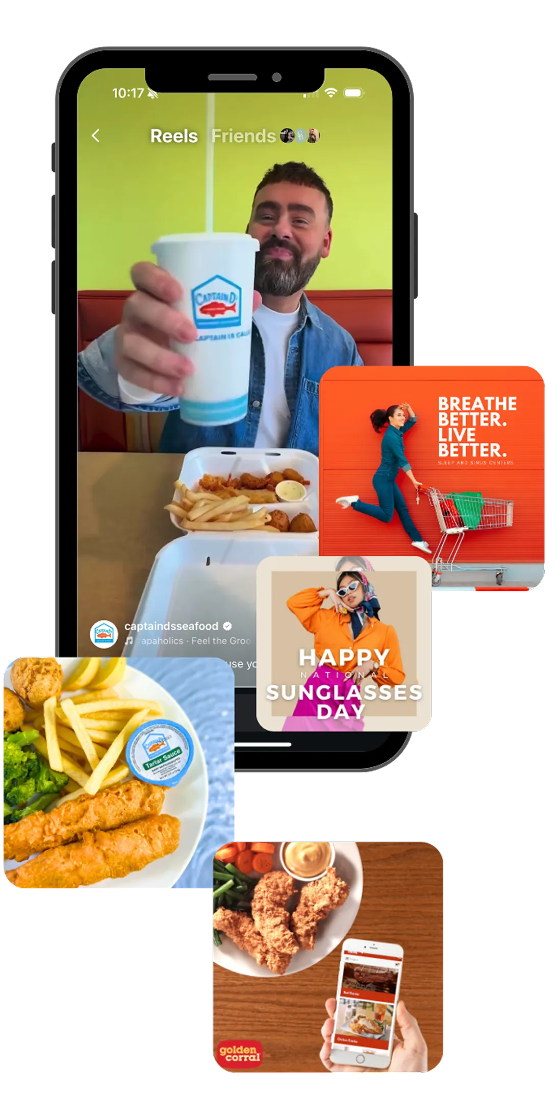 Smartphone screen showing a food brand social media reel with a meal and drink