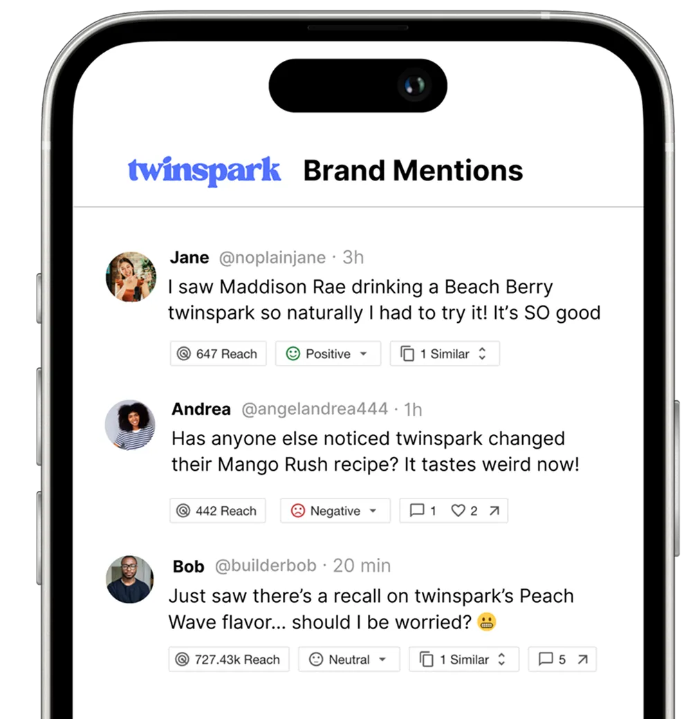 Smartphone displaying a brand mentions feed with positive and negative comments