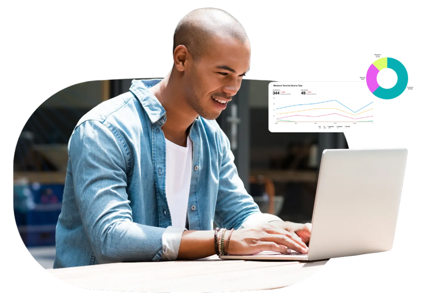 Man working on a laptop with analytics charts floating nearby