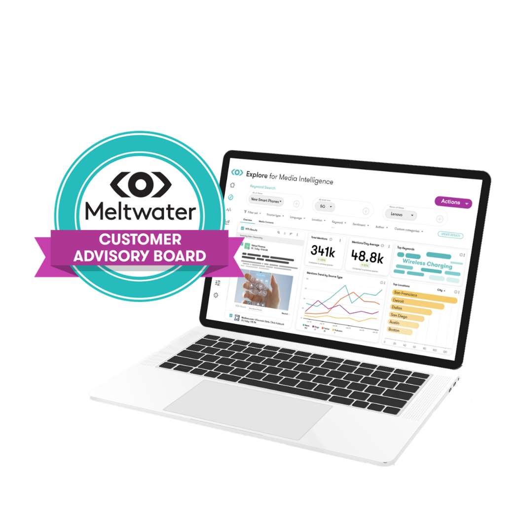 Laptop displaying media intelligence dashboard with Meltwater Customer Advisory Board badge.