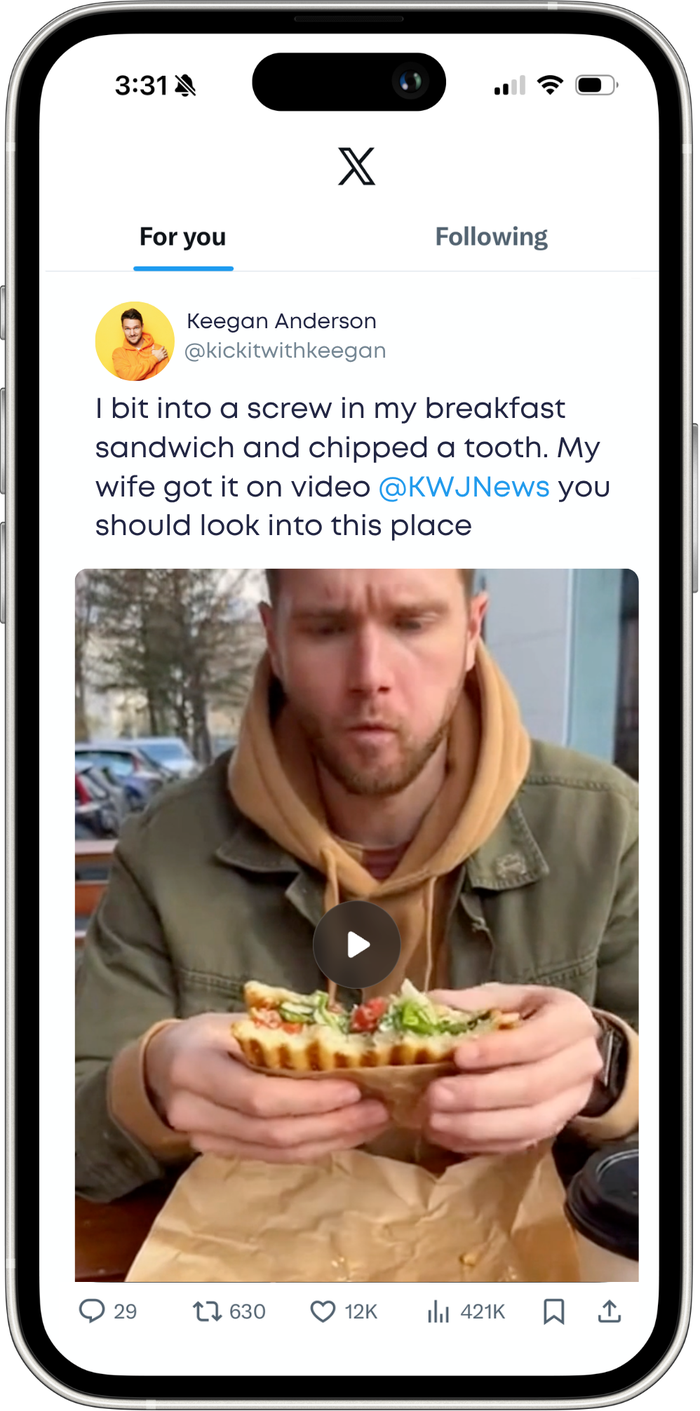 A viral post on X: a customer says he bit into a screw in his breakfast sandwich and tagged the local news