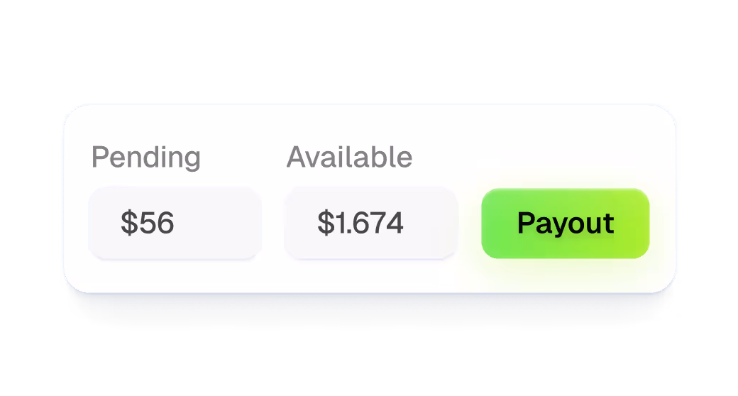 Interface showing pending amount $56, available amount $1,674, and a green payout button.