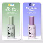 Two skincare product bottles: The Make My Day Cream with a green cap and The Midnight Magic serum with a purple cap on a split green and purple background.