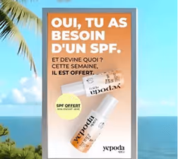Advertisement on a beach backdrop promoting a free SPF product from Yepoda this week.