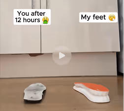 Two insoles on the floor under a cabinet labeled 'You after 12 hours' with a worn insole and 'My feet' with a new-looking insole.