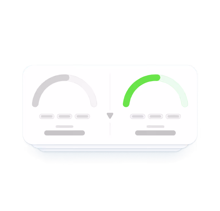 Two semi-circular progress charts side by side separated by a downward arrow, left chart shaded gray and right chart shaded green.