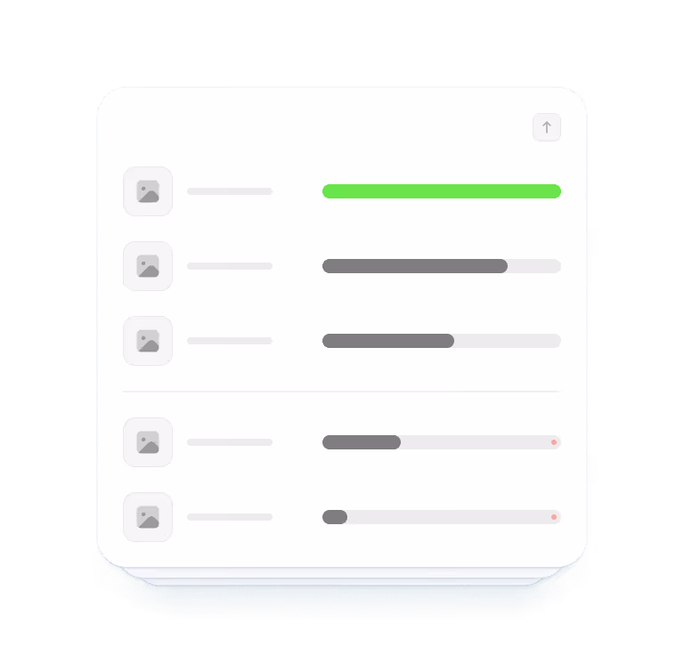 Interface showing a list with five rows, each containing a grey placeholder icon, two grey placeholder text lines, and progress bars with varying levels of completion, the top bar highlighted in bright green.