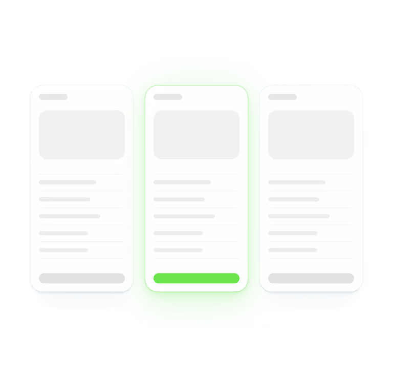 Illustration of three mobile phone screens side by side with the middle screen highlighted in bright green glow and a green button at the bottom.