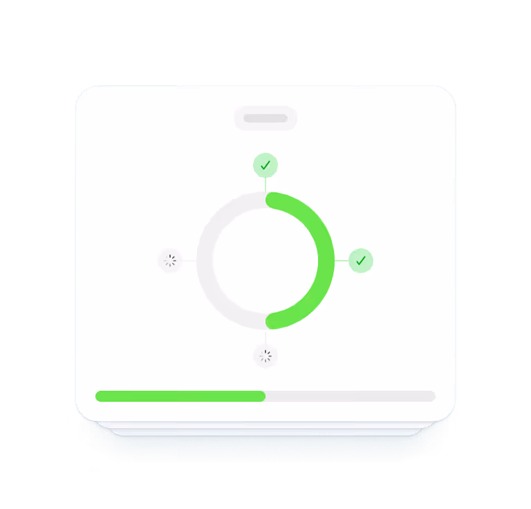 User interface showing a circular progress indicator partially filled in green with two green check marks, and a horizontal progress bar below it partially filled in green.