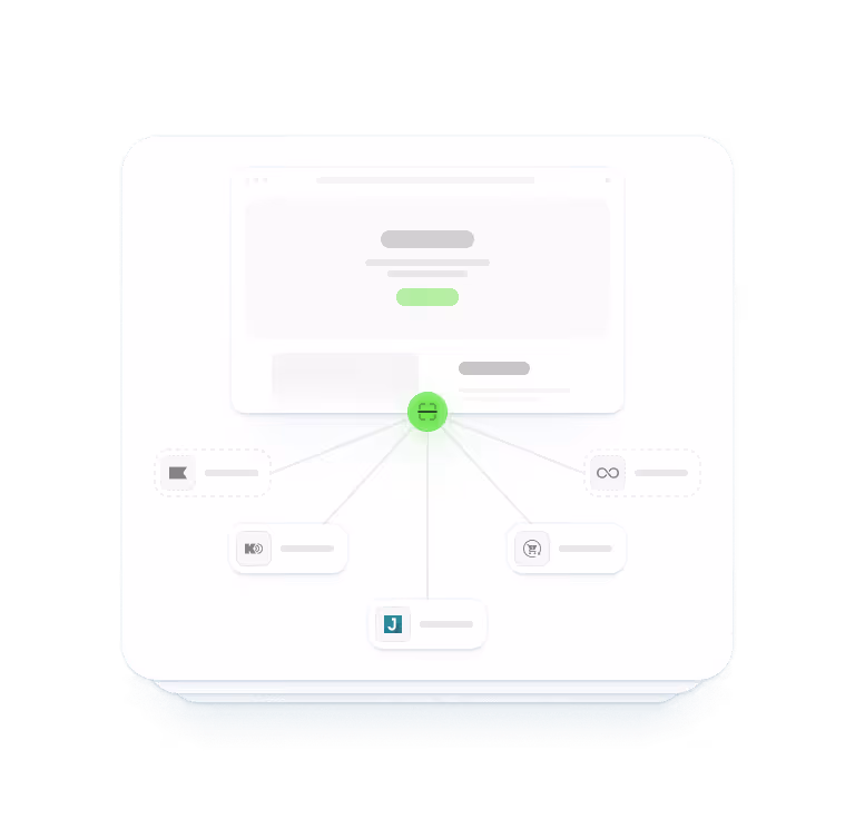 Diagram illustrating a central green icon connecting to five different smaller icons representing various tools or applications beneath a user interface mockup.