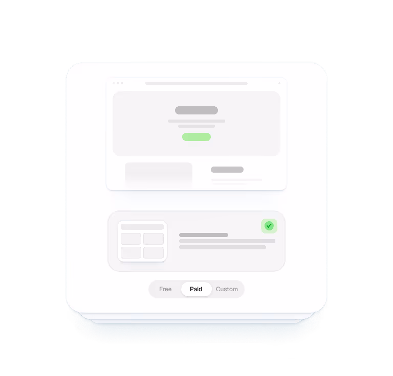 User interface showing a subscription type selection with options Free, Paid, and Custom, with Paid selected and a webpage preview above.