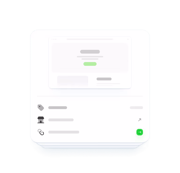 User interface card displaying a simplified product preview with icons for a price tag, store, and link, plus a green action button.